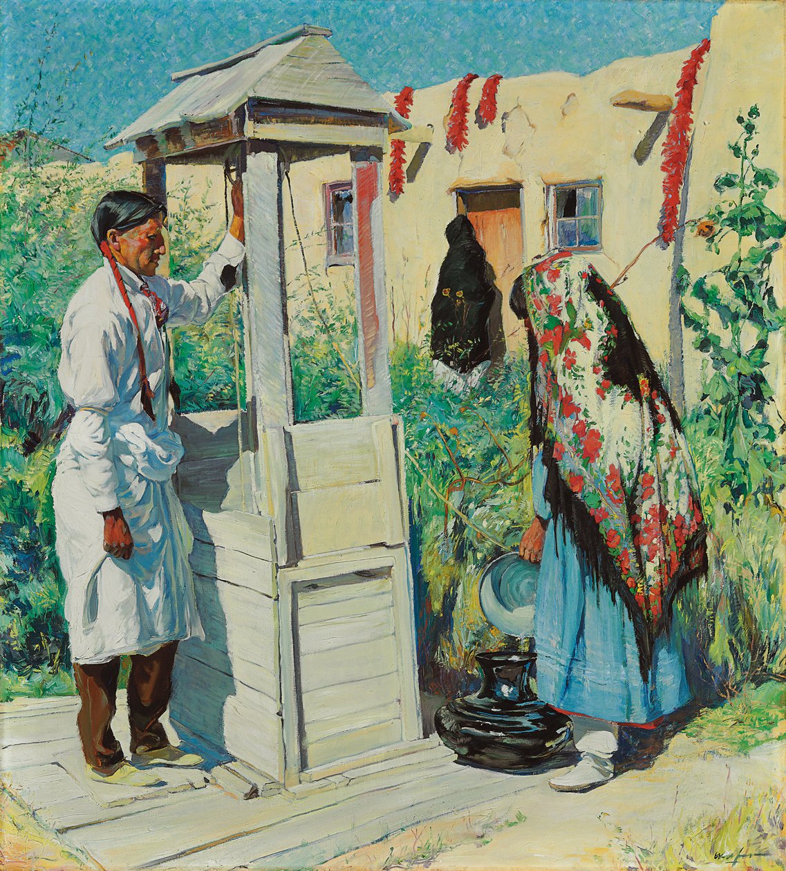 A Pueblo Well Scene (olie på lærred) af Walter Ufer