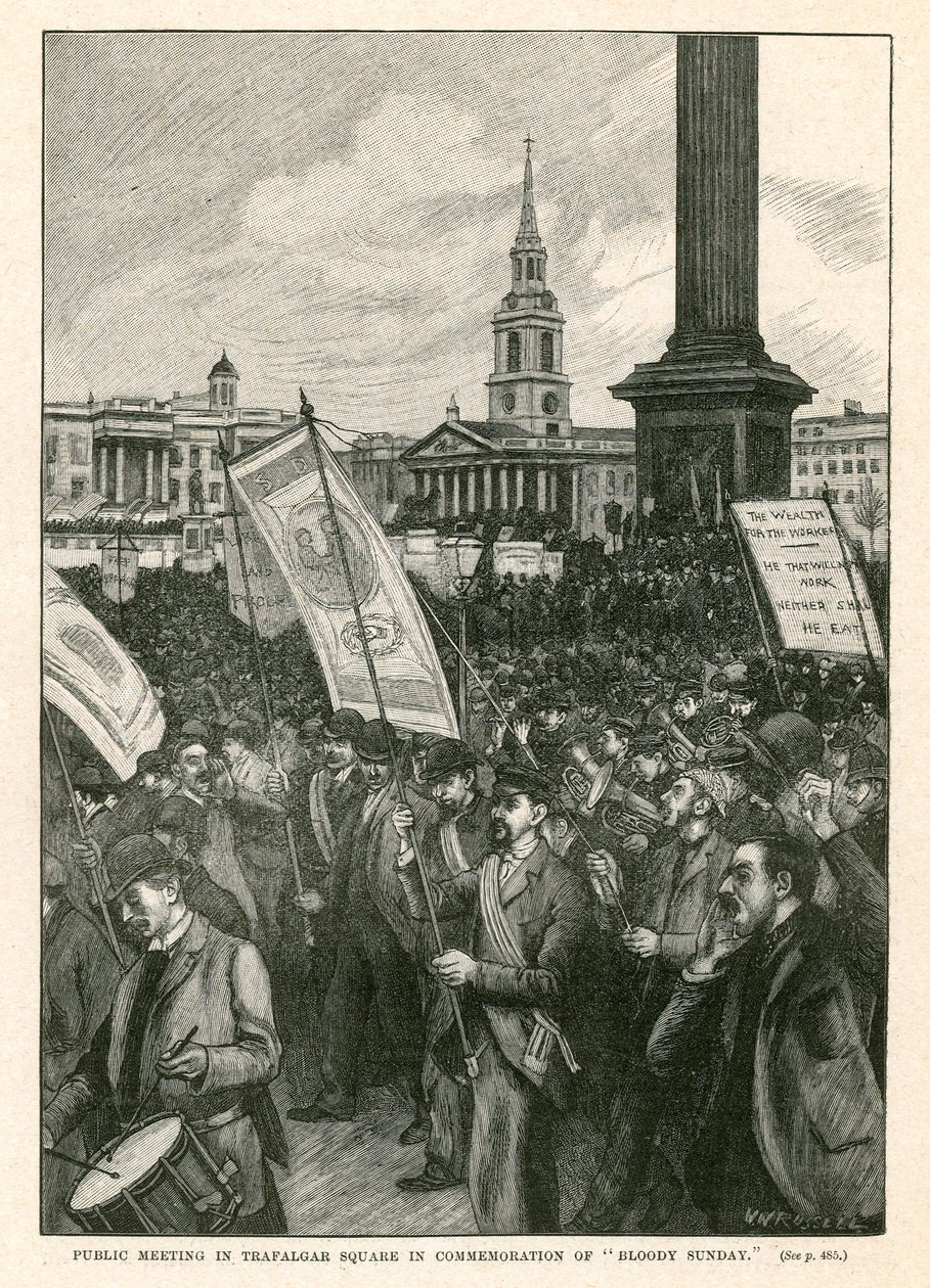 Offentligt møde på Trafalgar Square til minde om Bloody Sunday (gravering) af Walter Westley Russell