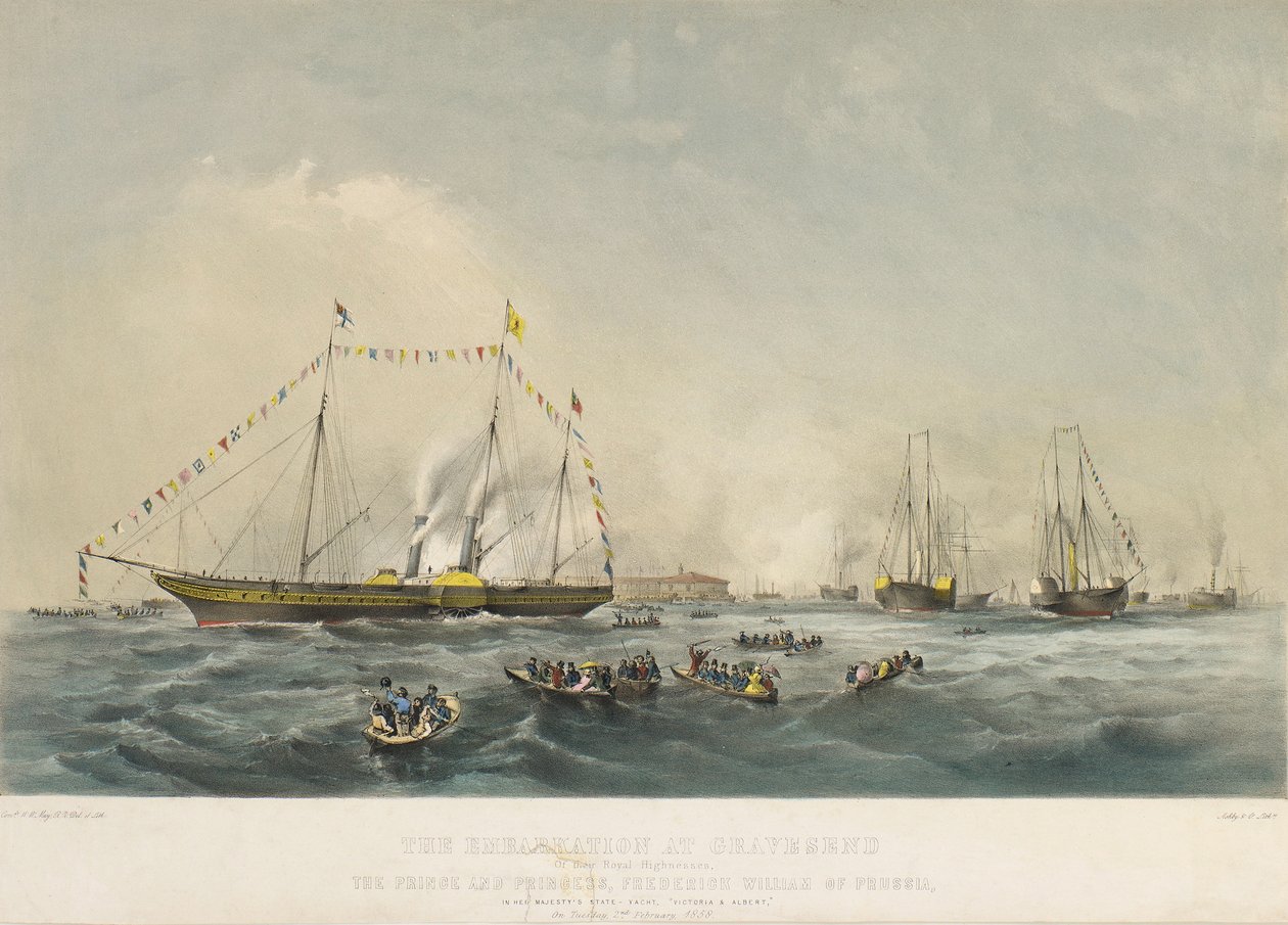 Prins Frederik Vilhelm IV af Preussen (1795-1861) og hans hustru Elizabeth af Bayern (1801-1873) går om bord på skibet Victoria and Albert i Gravesend, England, den 2. februar. af Walter William May