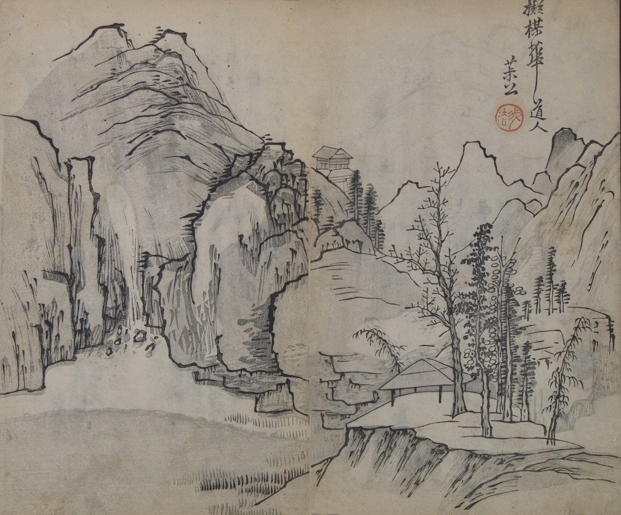 Landskab efter Wu Zhen 1280-1354, fra Mustard Seed Garden Manual of..., første udgave, 1679. af Wang Gai