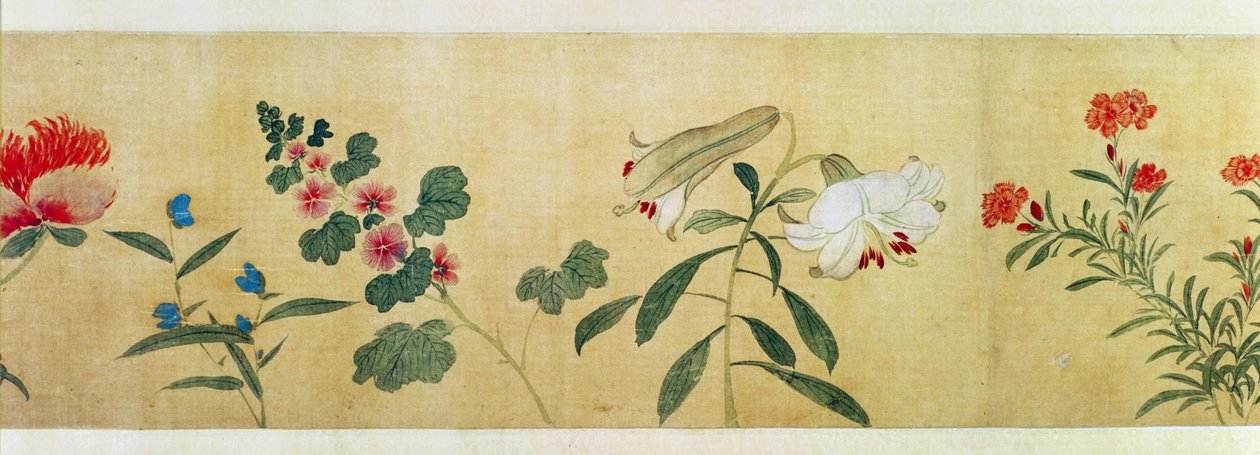 En detalje af blomster fra en håndrulle af en "Hundrede blomster", 1562 af Wang Guxiang