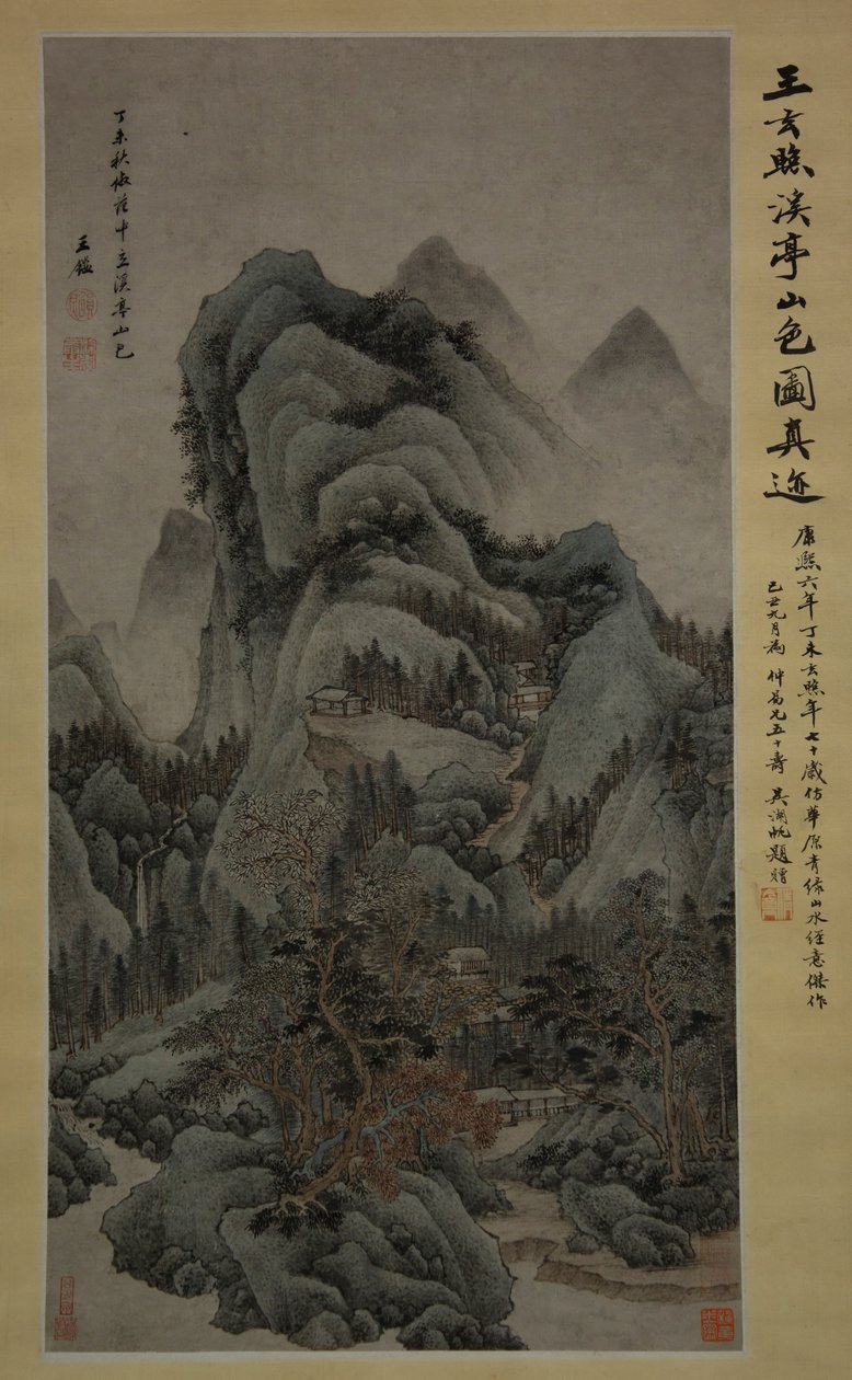 Bjerglandskab med vandløb og pavilloner i stil med Fan Kuan, 1667. af Wang Jian