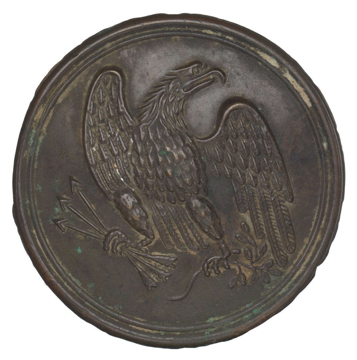 Plade med stemplet ørnedesign i messing fra et patronboksbælte, 1862-1865. af Warren H. Wilkinson
