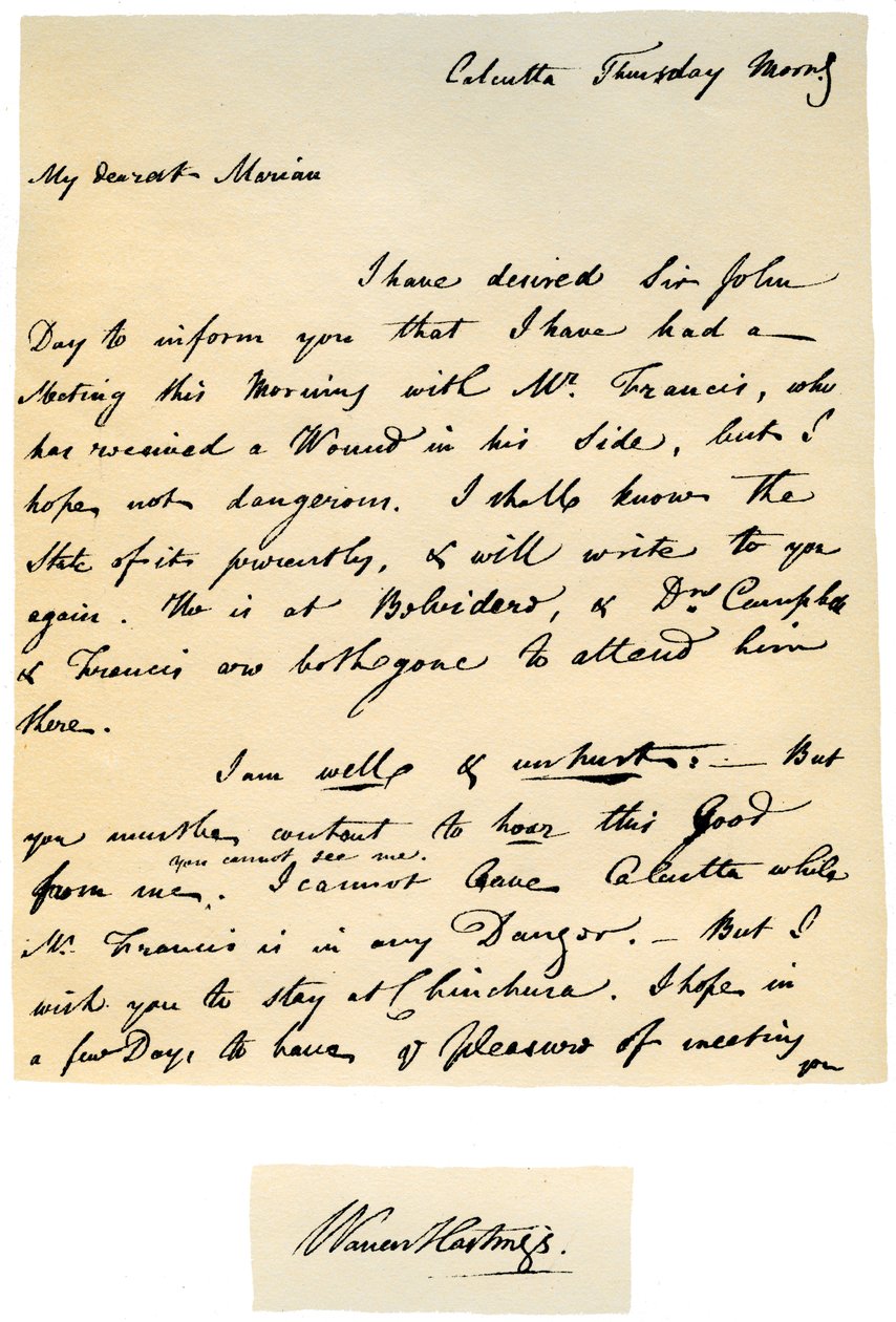 Brev fra Warren Hastings, Bengalens generalguvernør til sin kone, 17. august 1780. af Warren Hastings