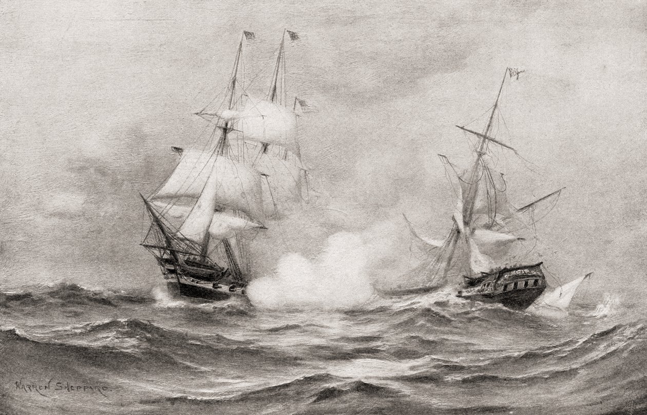 Kampen mellem USS Constitution og HMS Guerriere under krigen i 1812, cirka 400 miles sydøst for Halifax, Nova Scotia, fra The History of Our Country, udgivet 1905 af Warren Sheppard