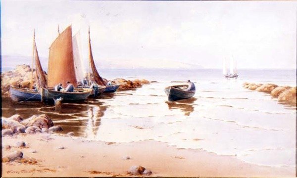 Landing the Catch (muligvis Cemaes Bay, Anglesey) (akvarel på papir) af Warren Williams