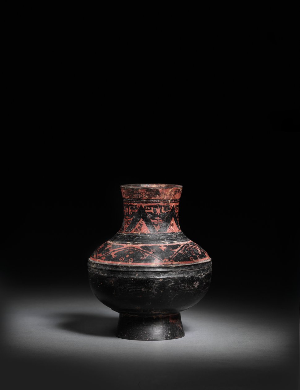 Lille rødmalet sortlakeret sort keramikkrukke, Hu, 476-221 f.Kr. af Warring States period Chinese School