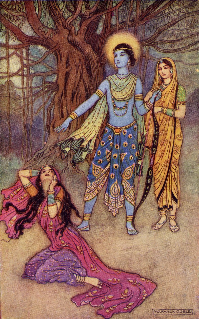 Rama afviser den dæmoniske elsker, illustration fra "Indian Myth and Legend" af Donald A. Mackenzie, udgivet i 1913 af Warwick Goble