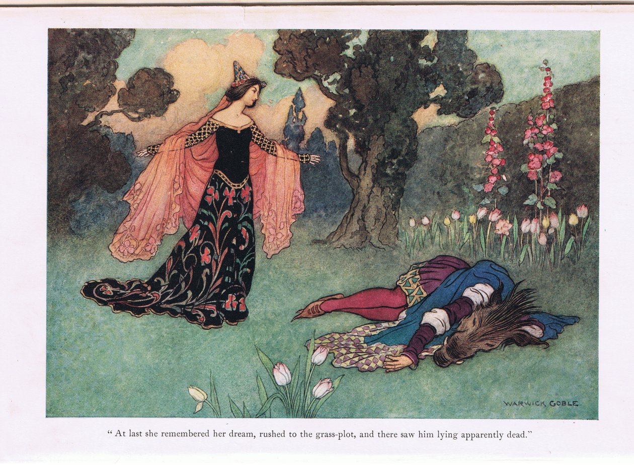 Til sidst huskede hun sin drøm, skyndte sig hen til græsarealet og så ham ligge tilsyneladende død", illustration fra 