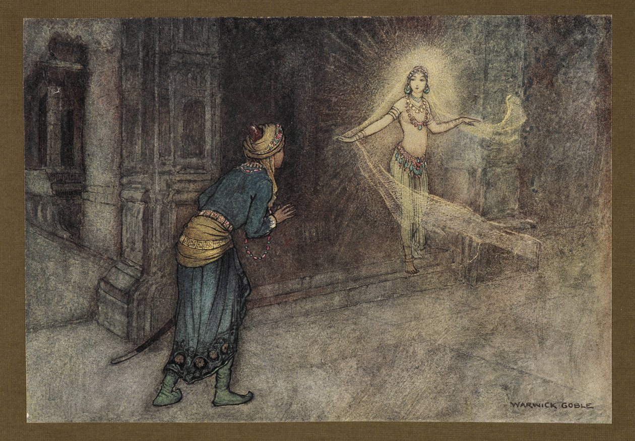 Plade 13: "Han så en smuk kvinde komme ud af paladset", fra Folk-Tales of Bengal ... Med 32 illustrationer i farver af Warwick Goble (Edition de luxe.) 1914 (color litho) af Warwick Goble