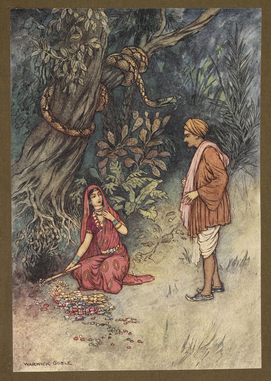 Plade 14: "Mand, tag al denne store mængde guld og disse ædelstene op", fra Folk-Tales of Bengal ... Med 32 illustrationer i farver af Warwick Goble (Edition de luxe) af Warwick Goble