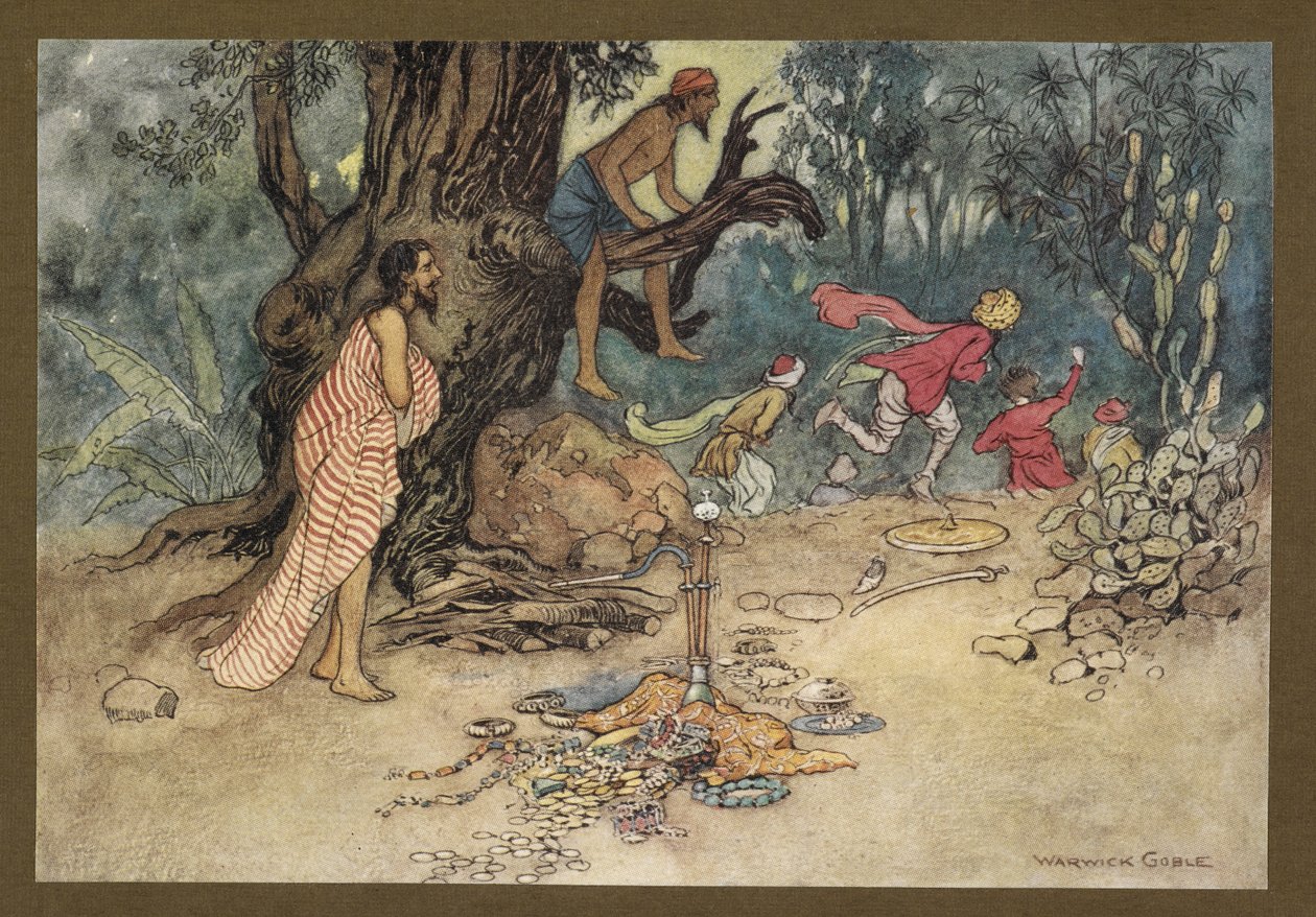 Plade 15: "De løb væk i stor frygt og efterlod pengene og juvelerne, fra "Folk-Tales of Bengal ... Med 32 illustrationer i farver af Warwick Goble (Edition de luxe) af Warwick Goble