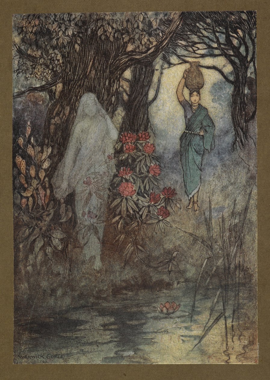 Plade 18: "Brahmanens kone havde lejlighed til at gå til tanken, og mens hun gik, blev hun børstet af en Sankchinni", fra Folk-Tales of Bengal ... Med 32 illustrationer i farver af Warwick Goble. (Edition de luxe.) af Warwick Goble