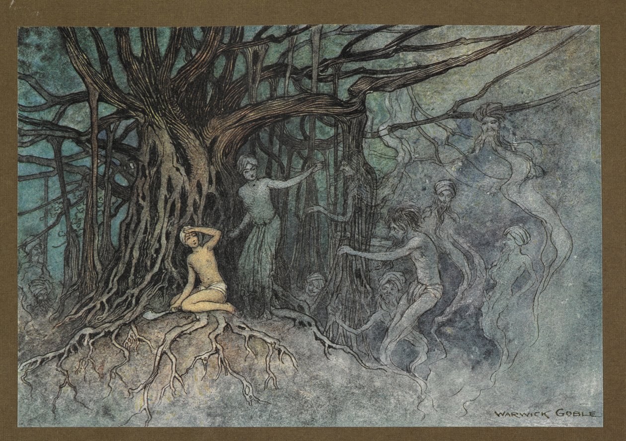 Plade 19: "I det øjeblik det første slag blev givet, skyndte rigtig mange spøgelser mod Brahmanen, fra "Folk-Tales of Bengal ... Med 32 illustrationer i farver af Warwick Goble (Edition de luxe.) af Warwick Goble