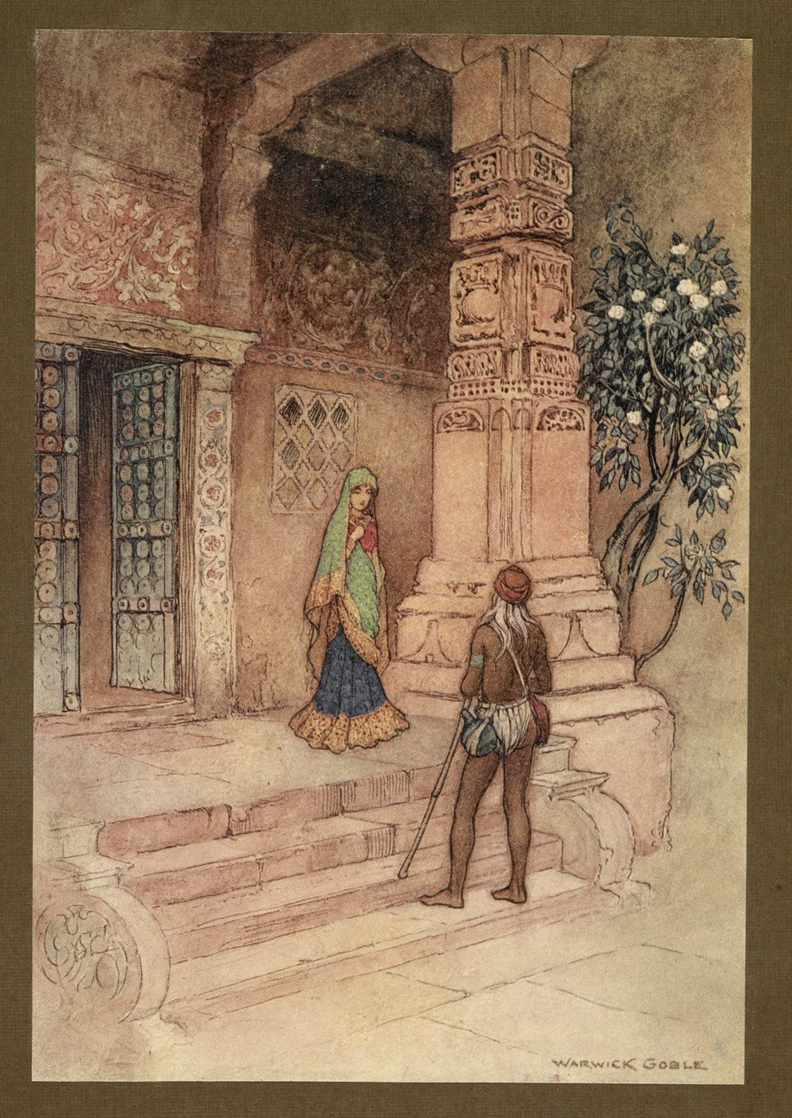 Plade 1: "Suo-dronningen gik til døren med en håndfuld ris." fra Folk-Tales of Bengal ... Med 32 illustrationer i farver af Warwick Goble. (Edition de luxe.) af Warwick Goble