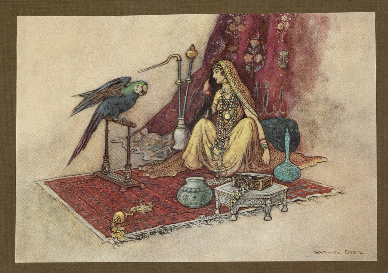 Plade 21: "Hvilken prinsesse har nogensinde kun puttet en rubin i håret?" fra Folk-Tales of Bengal ... Med 32 illustrationer i farver af Warwick Goble (Edition de luxe.) af Warwick Goble