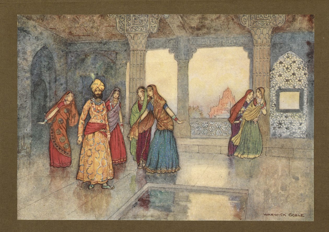 Plade 25: "De seks dronninger forsøgte at trøste ham", fra Folk-Tales of Bengal ... Med 32 illustrationer i farver af Warwick Goble. (Edition de luxe.) 1914 (farve litho) af Warwick Goble