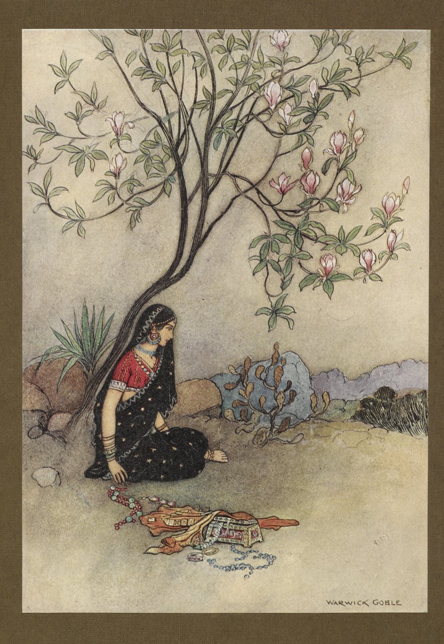Tavle 28: "Således blev prinsessen deserteret.", fra Folk-Tales of Bengal ... Med 32 illustrationer i farver af Warwick Goble. (Edition de luxe.) 1914 (farve litho) af Warwick Goble