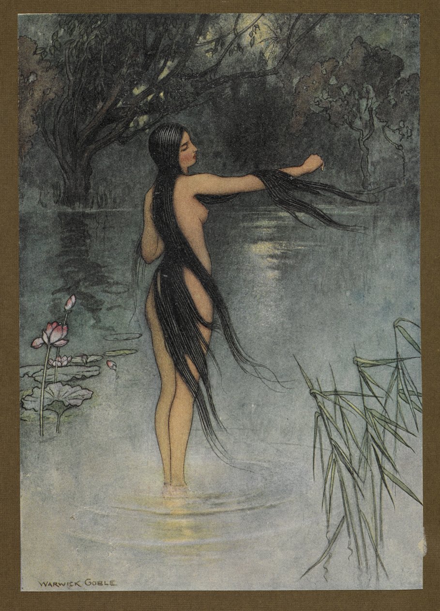 Tavle 29: "Da hun kom op af vandet, sikke en forandring i hende!", fra Folk-Tales of Bengal ... Med 32 illustrationer i farver af Warwick Goble (Edition de luxe.). 1914 af Warwick Goble