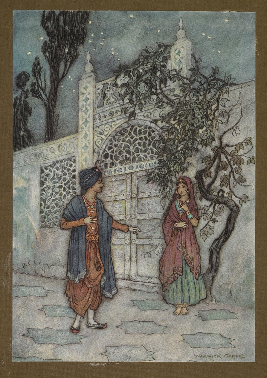 Plade 2: "Prinsen blev genoplivet, og gik omkring og så en menneskeskikkelse nær porten", fra Folk-Tales of Bengal... Med 32 illustrationer i farver af Warwick Goble af Warwick Goble