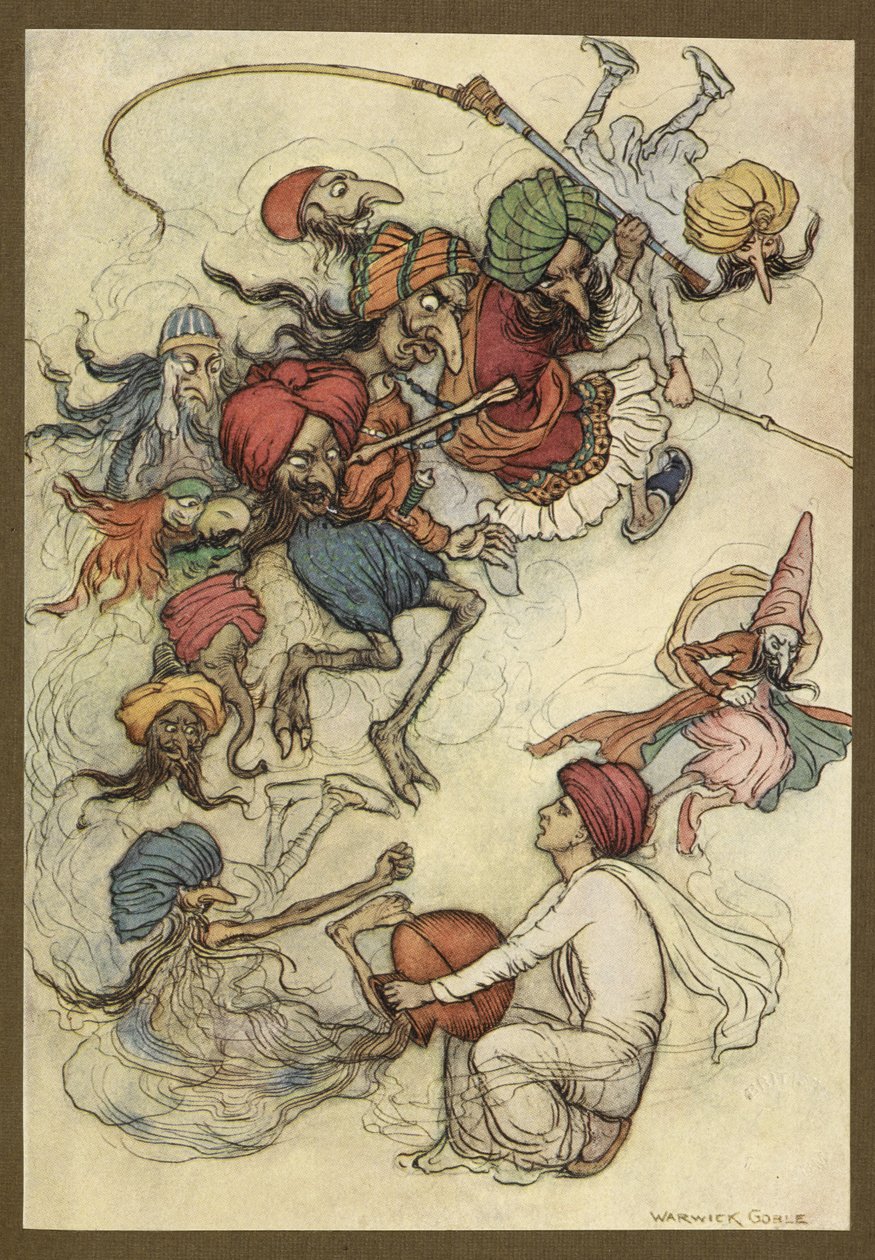 Plade 4: "I stedet for søde sager om en snes dæmoner." Folk-Tales of Bengal ... Med 32 illustrationer i farver af Warwick Goble. (Edition de luxe.) af Warwick Goble