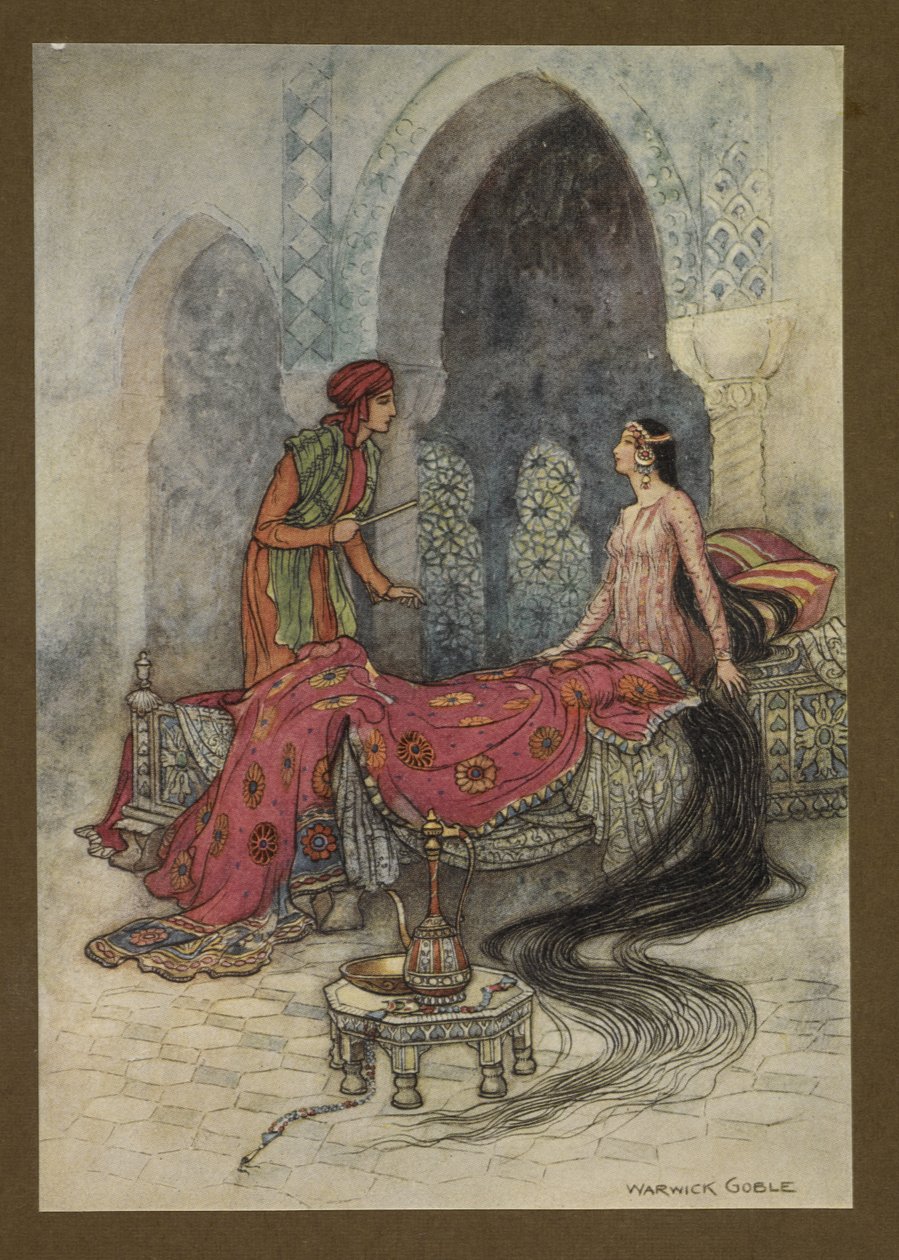 Plade 6: "På et øjeblik vågnede hun op, satte sig op i sin seng og kiggede på den fremmede, spurgte hvem han var", fra Folk-Tales of Bengal ... Med 32 illustrationer i farver af Warwick Goble. (Edition de luxe.). 1914 af Warwick Goble