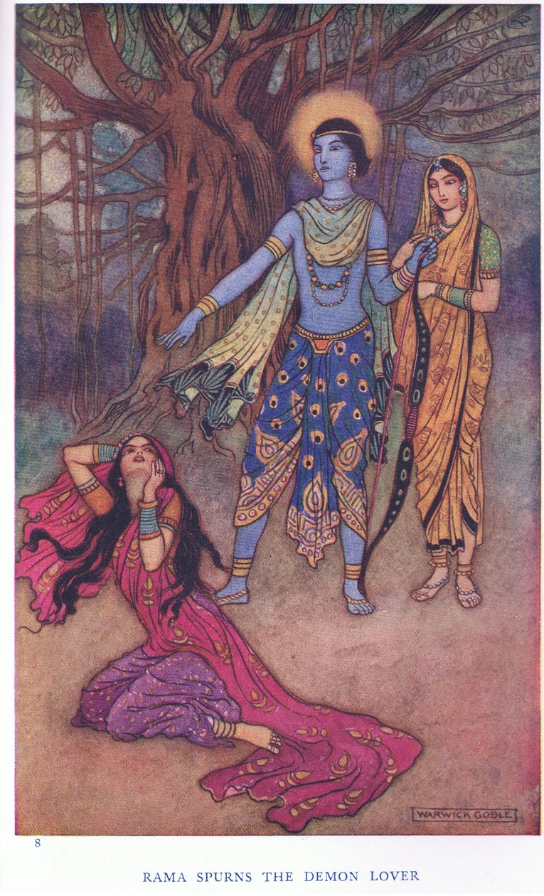 Rama foragter dæmonelskeren (farve litho) af Warwick Goble