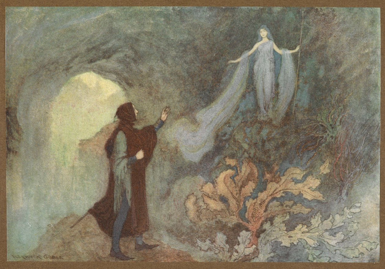 Feen, der viser sig for prinsen i grotten, fra Cenerentola. af Warwick Goble