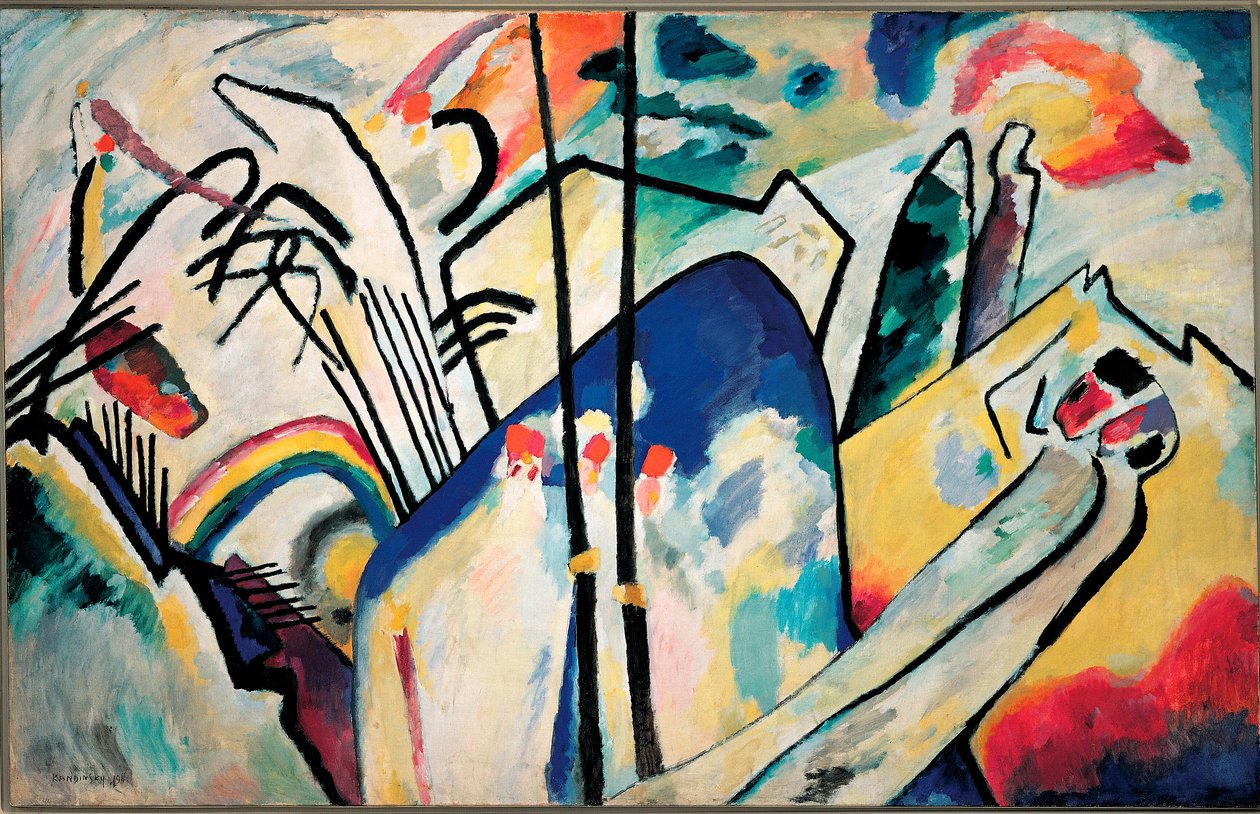 Komposition IV Maleri af Vassily Kandinsky (eller Wassily Kandinski eller Kandinskij, 1866-1944) 1911 Dim. 160x250 cm Dusserdolf, Kunstsammlung Nordhein-Westfalen af Wassily Kandinsky