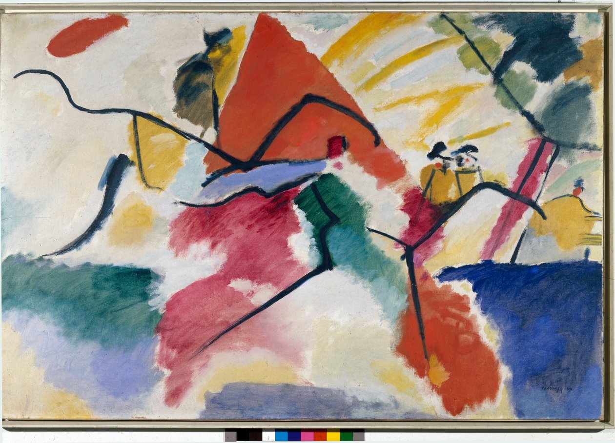 Ekspressionisme: "" Indtryk n. 5”” (Impression n. 5) Akvarel af Vassily Kandinsky (eller Wassily Kandinski eller Kandinskij, 1866-1944). 1911 Dim. 105x157,5 cm Paris, musee national dart moderne, centr af Wassily Kandinsky