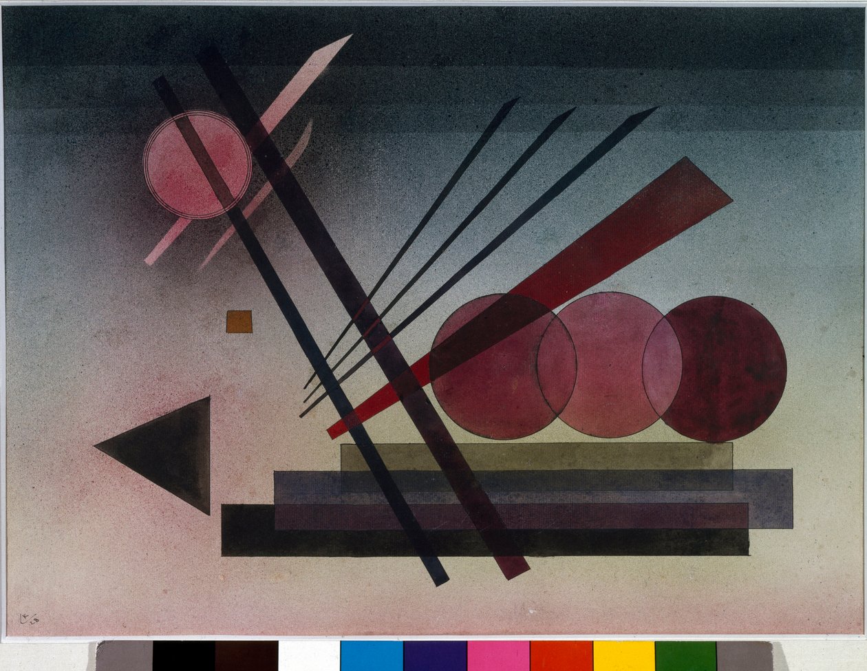 Ekspressionisme: "" Schwebende Kraft""" (suspenderet kraft) Akvarel af Vassily Kandinsky (eller Wassily Kandinski eller Kandinskij, 1866-1944). 1928 Søn. 34,5x47 cm Privat samling af Wassily Kandinsky