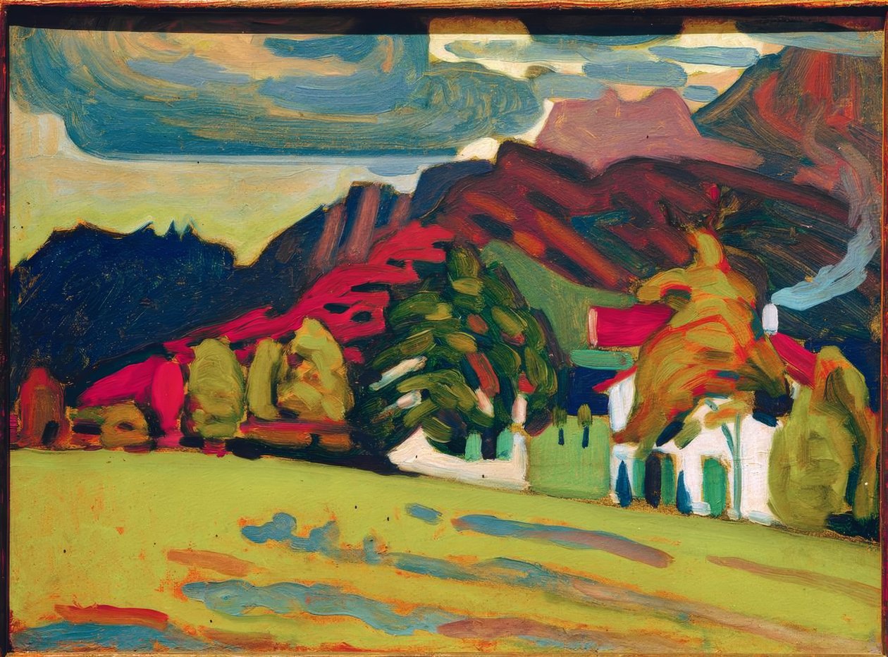 Gruppe af huse foran bjerge af Wassily Kandinsky