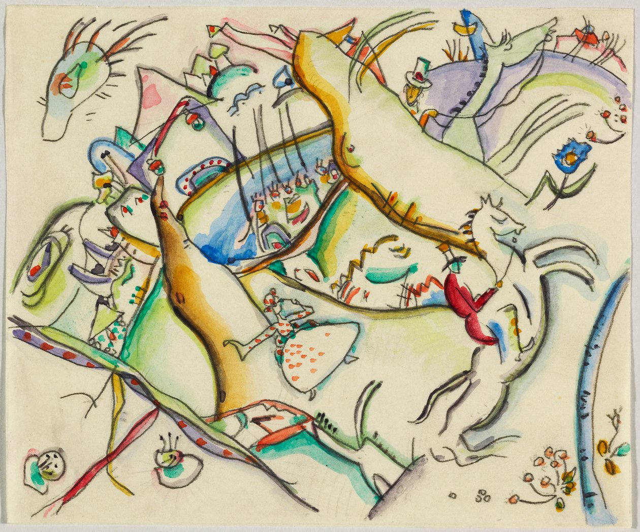 Akvarel til Radering III; Landskab med ryttere af Wassily Kandinsky