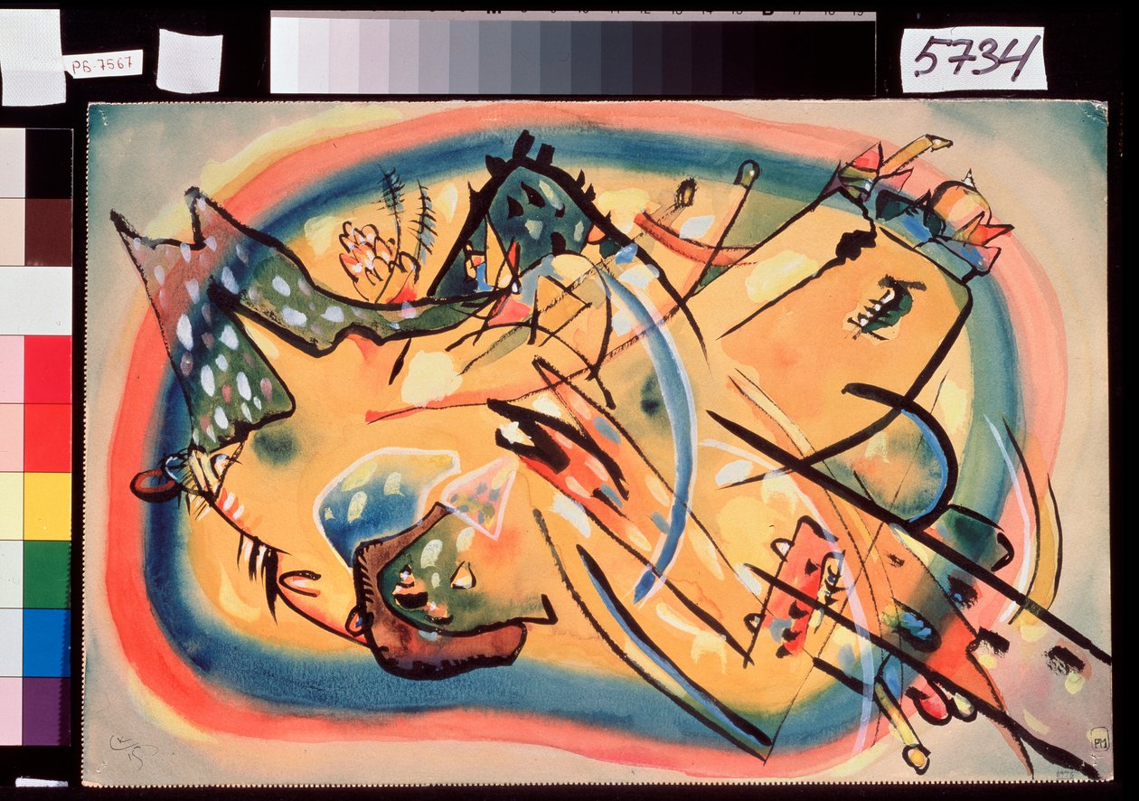 Composition, Paysage (Composition, Landscape) - Farverig, ikke-repræsentativ repræsentation, hvor bygninger og bjerge optræder - Værk af Wassily Kandinsky (eller Wassily Kandinski eller Kandinskij af Wassily Kandinsky