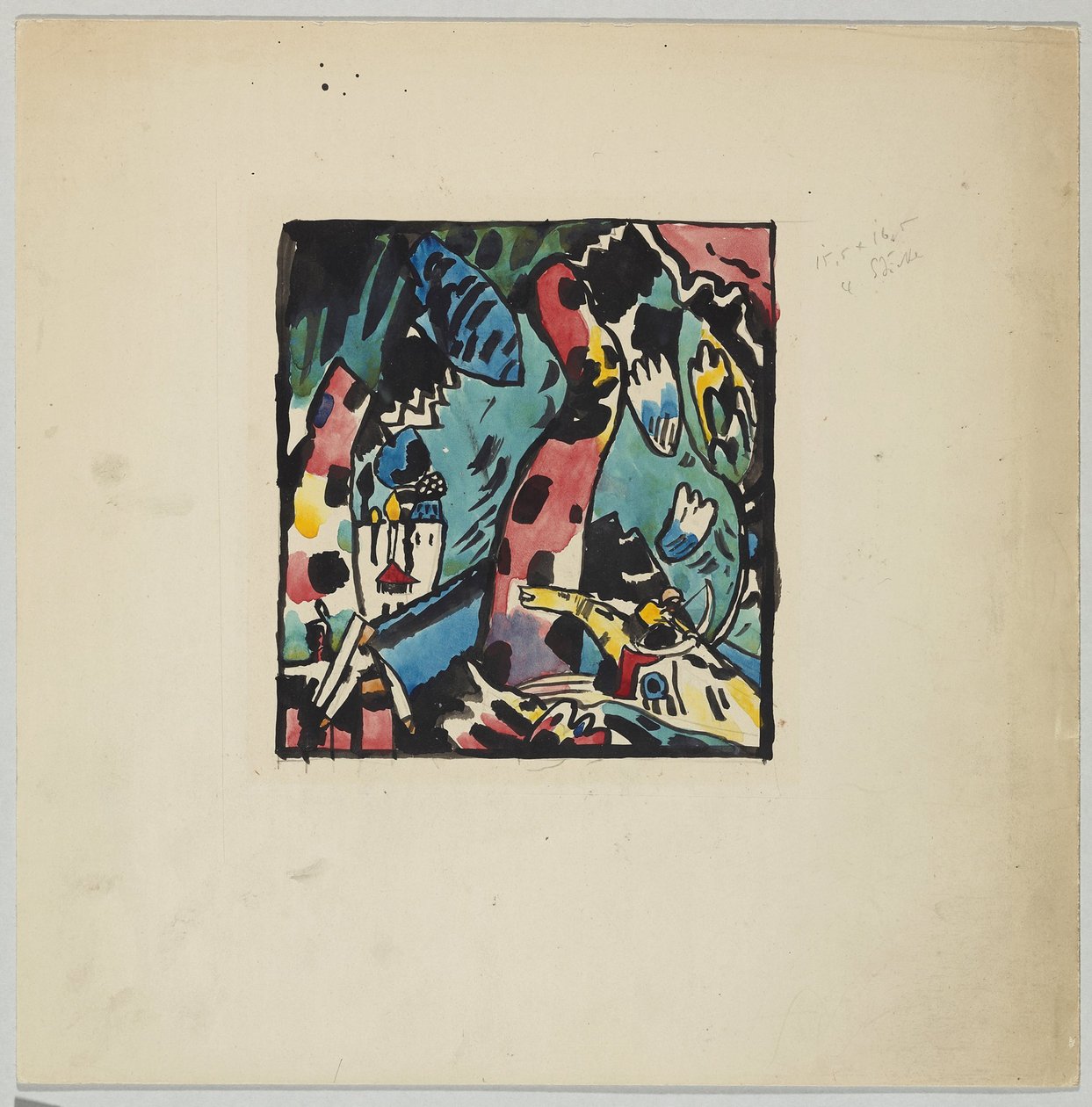 Udkast til farvet træsnit "Archer" af Wassily Kandinsky