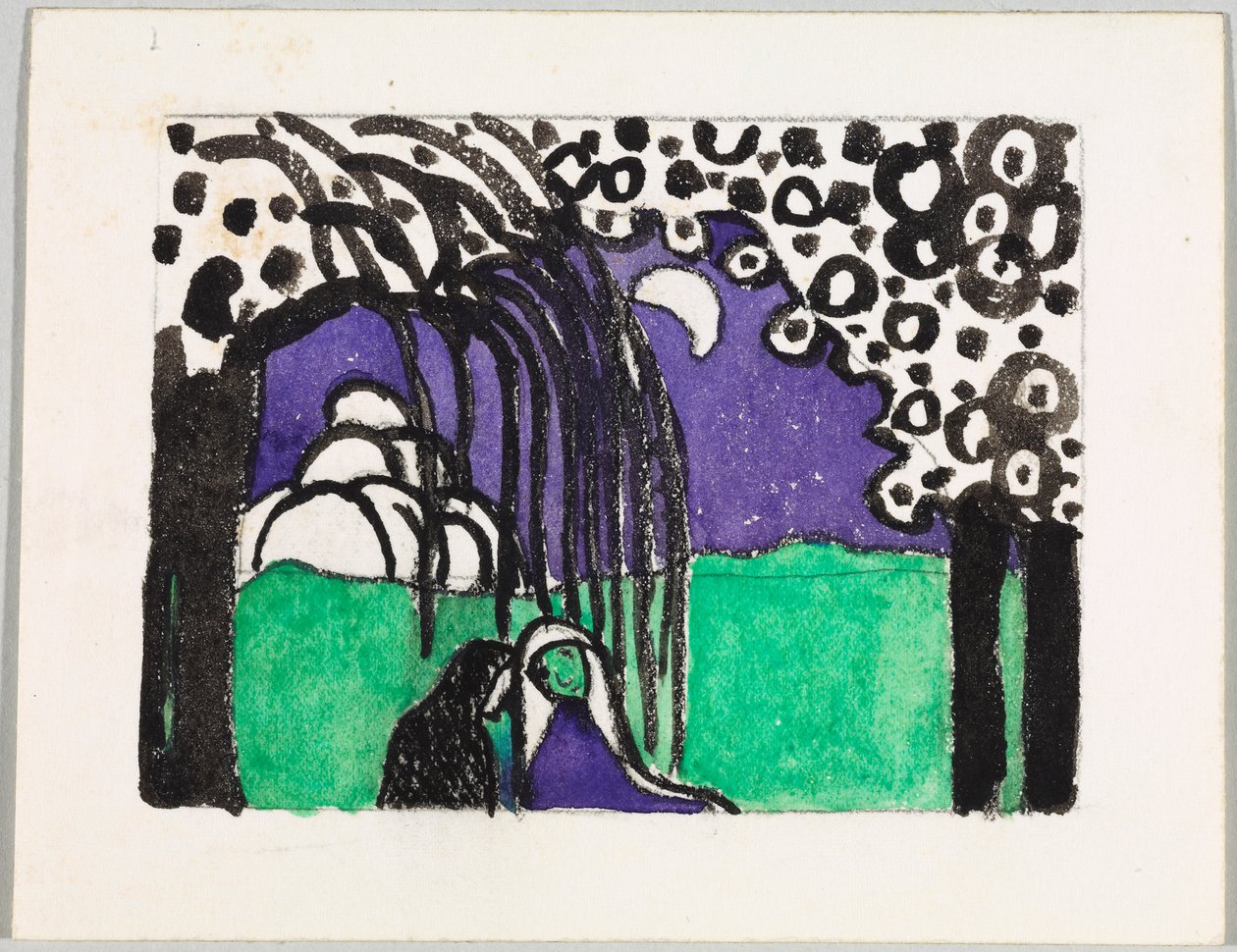 Udkast til farvetræsnit »To kvinder i månelandskab« af Wassily Kandinsky