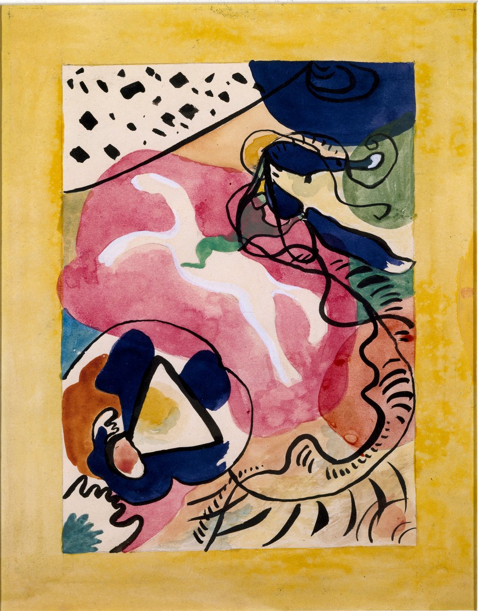 Ekspressionisme: forsideprojekt til almanakken af ""Den blå rytter"" (Der Blaue Reiter) af Vassily Kandinsky (eller Wassily Kandinski eller Kandinskij, 1866-1944). Kina blæk og akvarel. 1911 Dim. 27,7x21 af Wassily Kandinsky