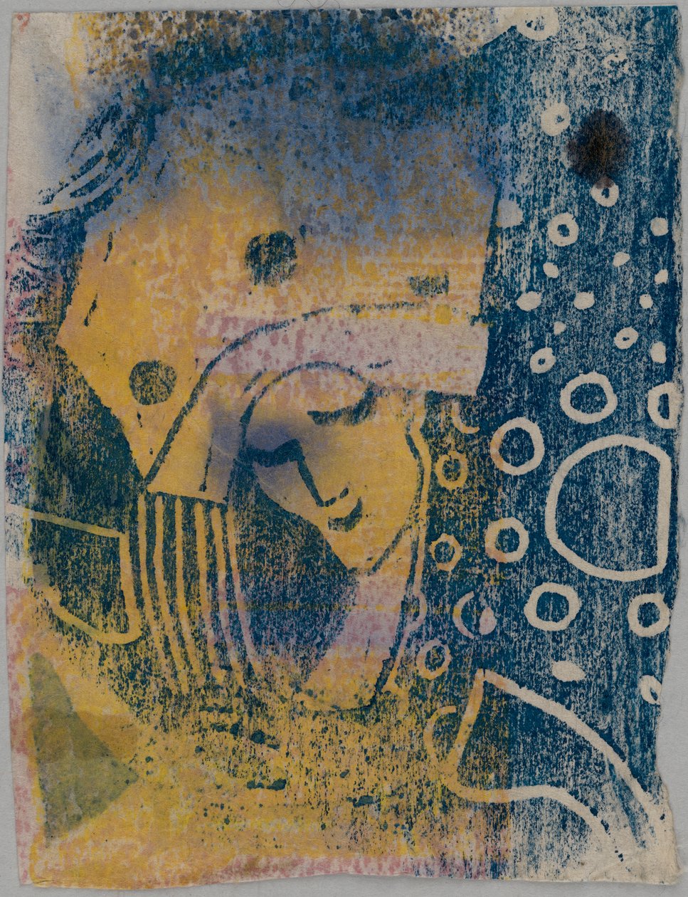 Farbholzschnitt-Probedrucke; Vorderseite: Frauenkopf mit großer Haube, Hintergrund mit Kreismusterung; Rückseite: Hand, stehende Gestalten af Wassily Kandinsky