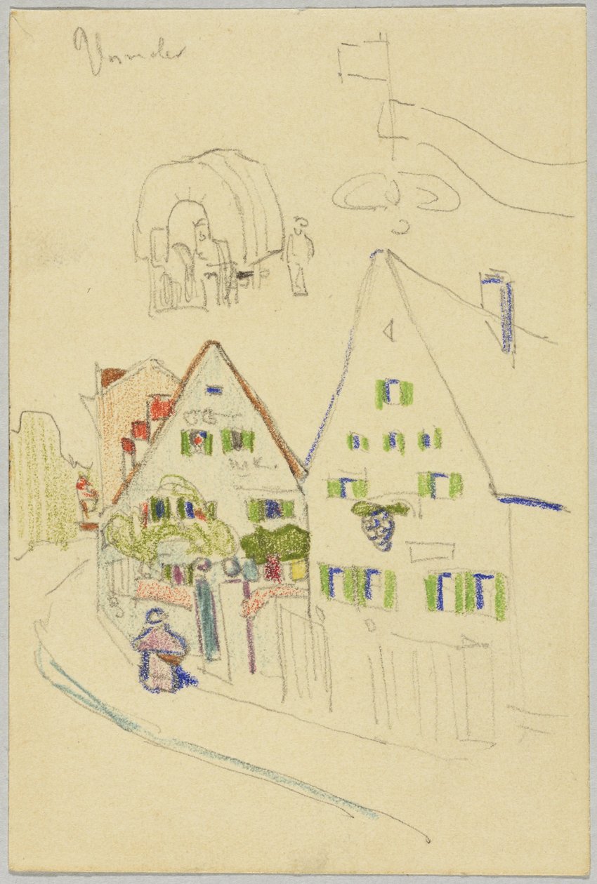 Gyde med gavlhuse og overdækkede vogne, verso: Udsigt over et sted med en løgkuppelkirke af Wassily Kandinsky