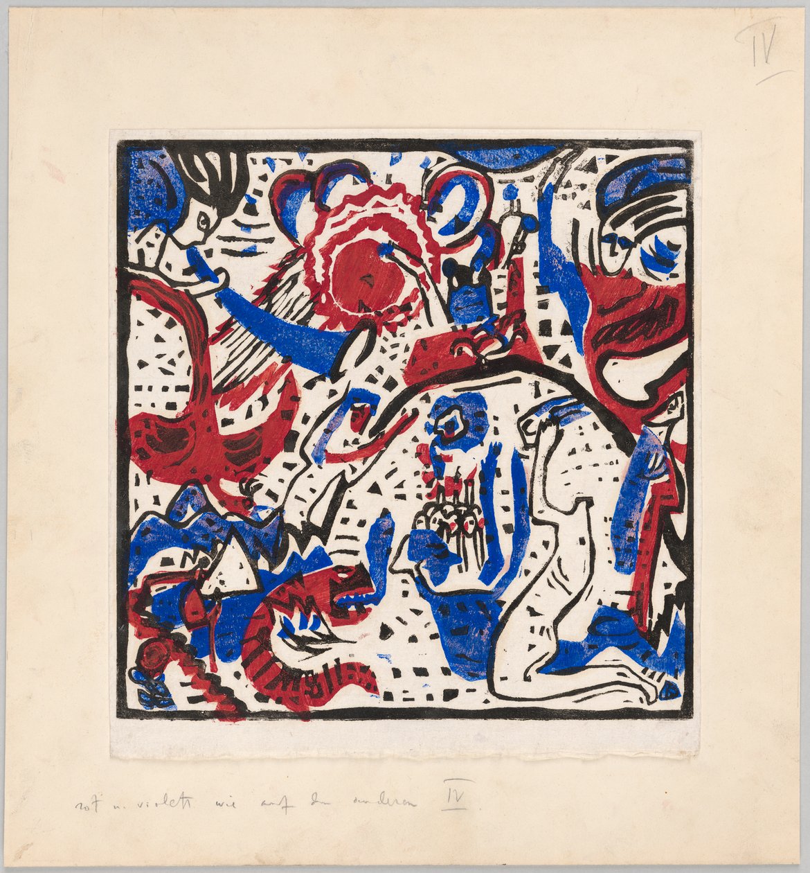Holzschnitt nach dem Hinterglasbild "Große Auferstehung" (Probedruck mit Anweisungen für Kandinskys Buch "Klänge" (1912), S. 97) af Wassily Kandinsky