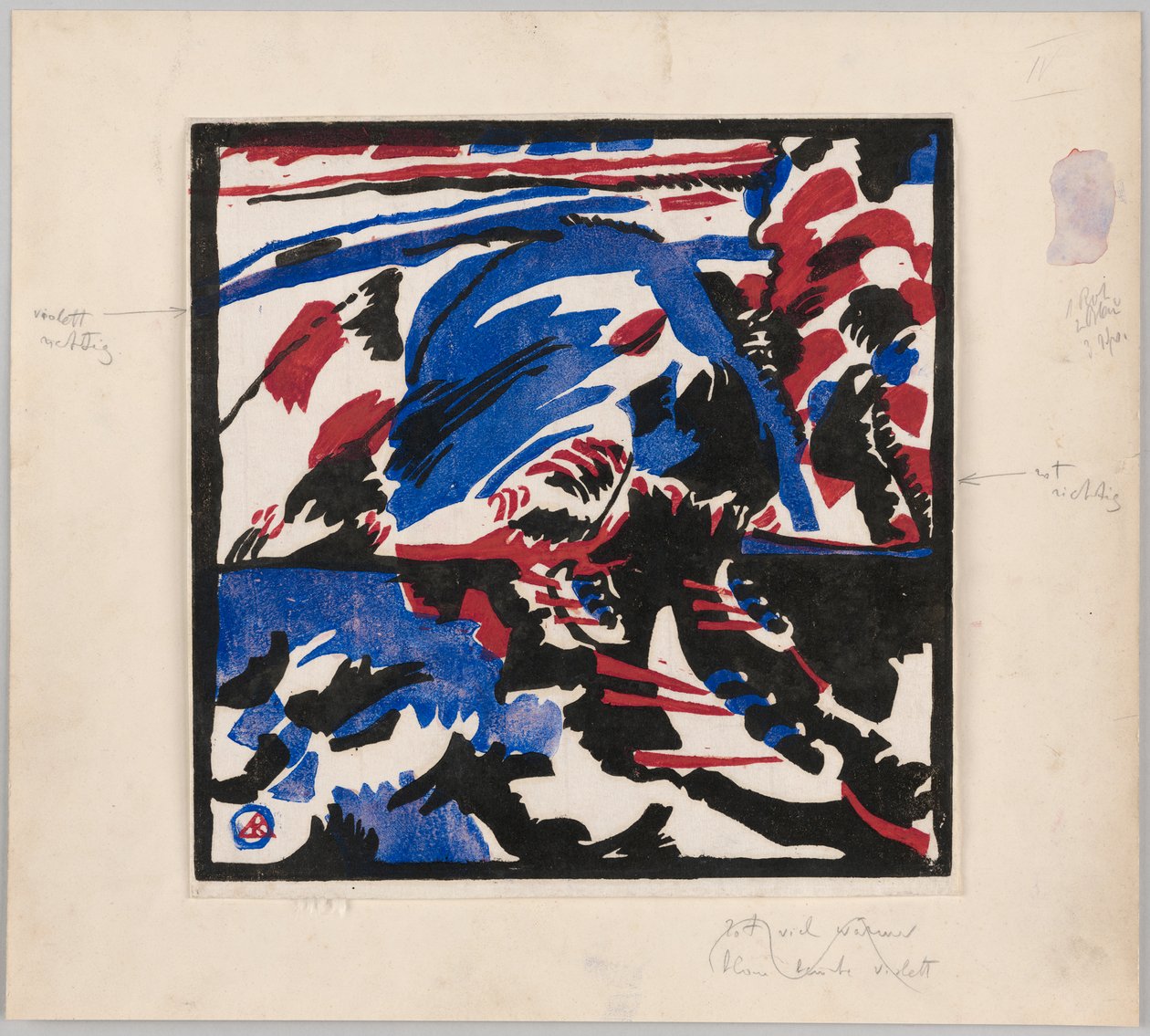 Holzschnitt zu dem Gemälde "Kahnfahrt" (Probedruck mit Anweisungen für Kandinskys Buch "Klänge" (1912), S. 49) af Wassily Kandinsky