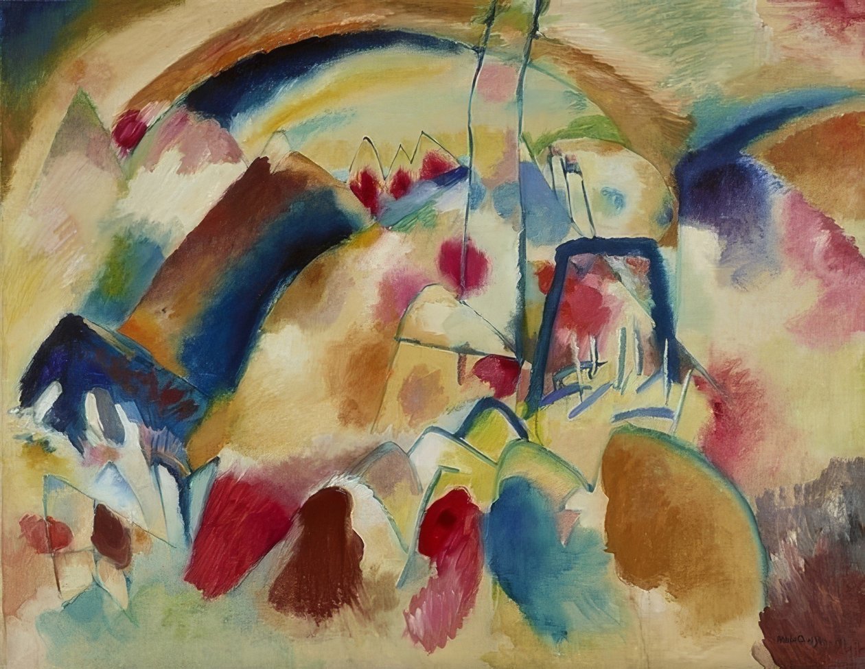 Landskab med en kirke (landskab med røde pletter I). 1913 af Wassily Kandinsky