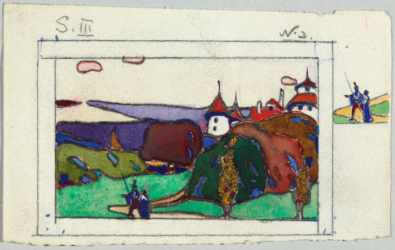 Landskab med et par i middelalderlige dragter, på bagsiden: Fragment af en ridder i rustning af Wassily Kandinsky