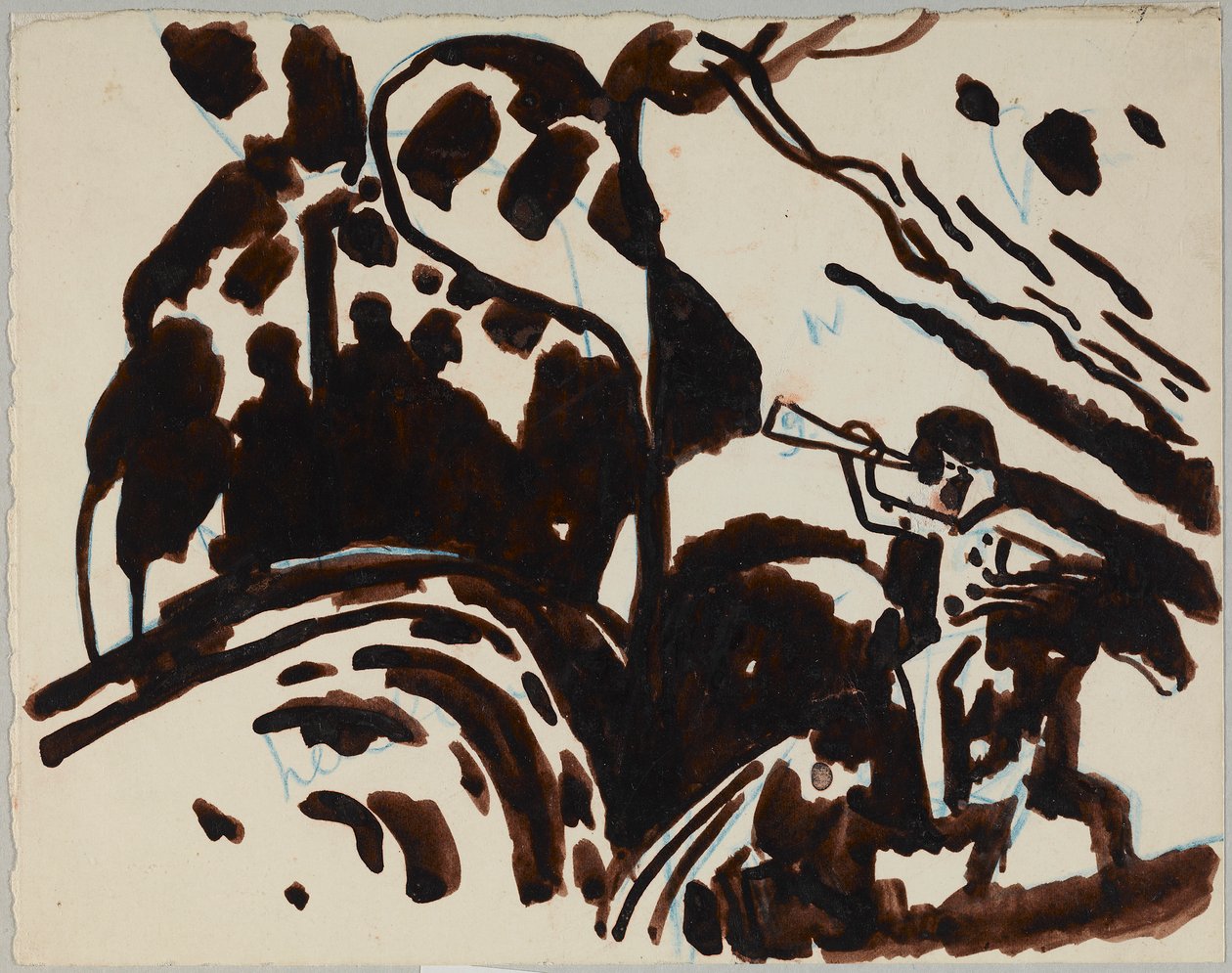 Landskab med en rytter, der blæser i trompet af Wassily Kandinsky