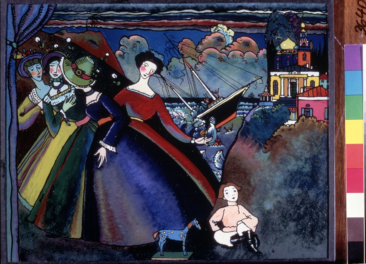 ""Skibet"" Unge kvinder ved kajen, i det fjerne ser en båd ud til at synke. Maleri af Wassily Kandinsky (eller Wassily Kandinski eller Kandinskij af Wassily Kandinsky