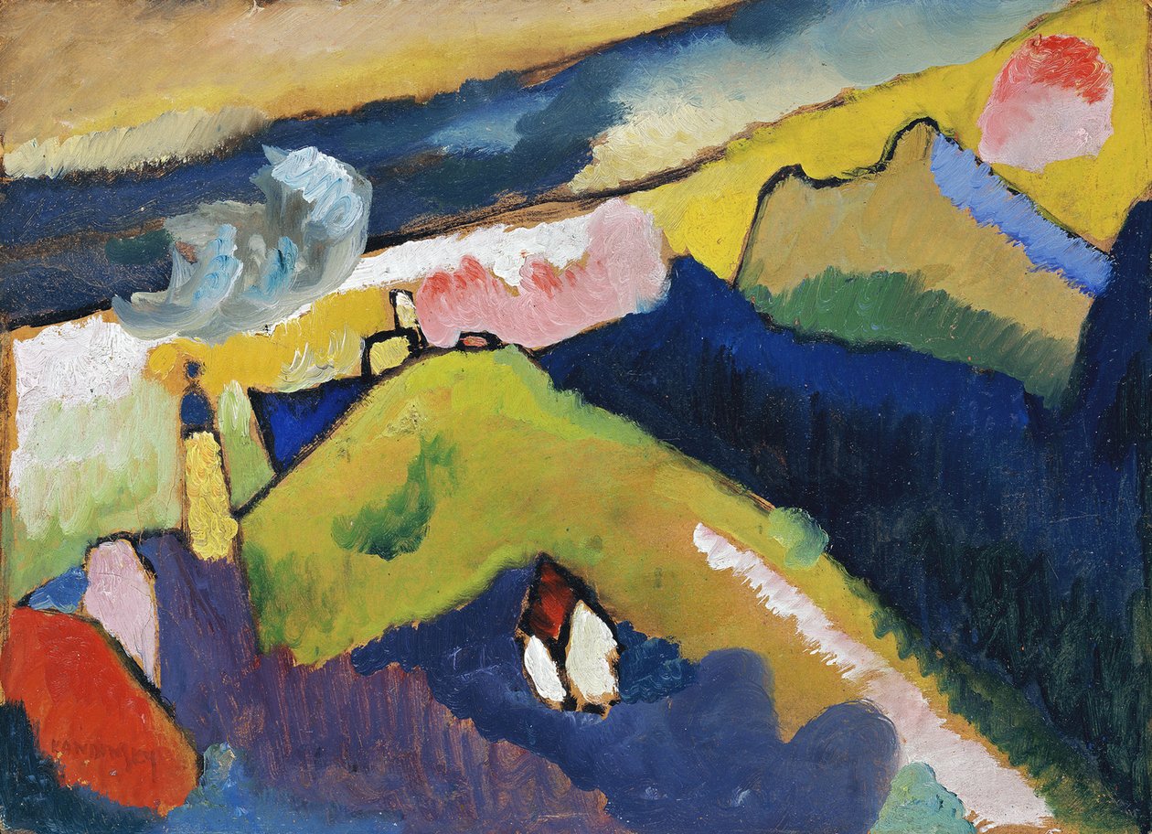 ""Murnau, bjerglandskab med kirken"" Maleri af Wassily Kandinsky (eller Wassily Kandinski eller Kandinskij af Wassily Kandinsky