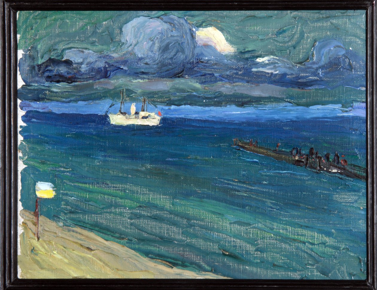 Rapallo (Italien). Landskab med en damper. (Rapallo. Landskab med en dampbåd). Maleri af Wassily Kandinsky (eller Wassily Kandinski eller Kandinskij af Wassily Kandinsky