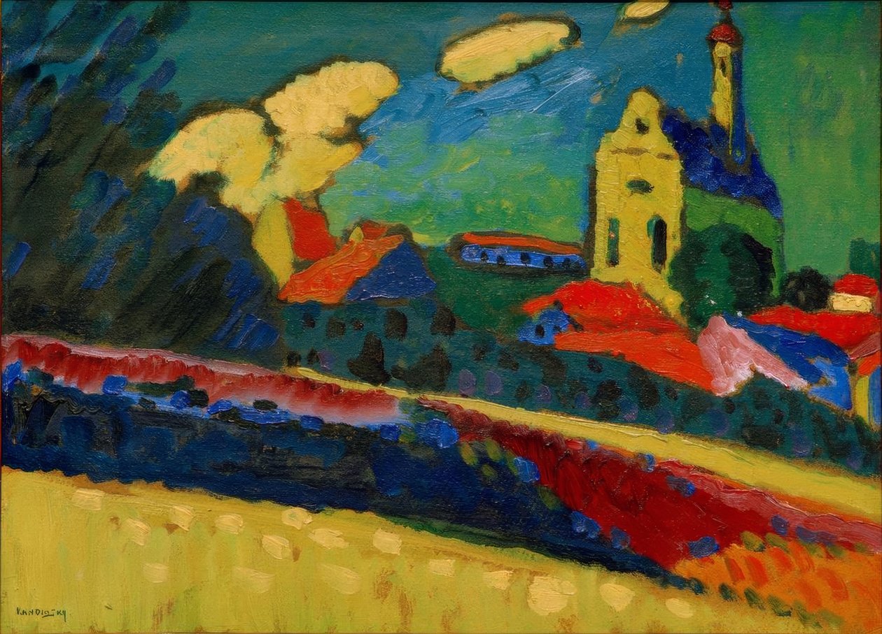 Studie af Murnau - Landskab med kirke af Wassily Kandinsky