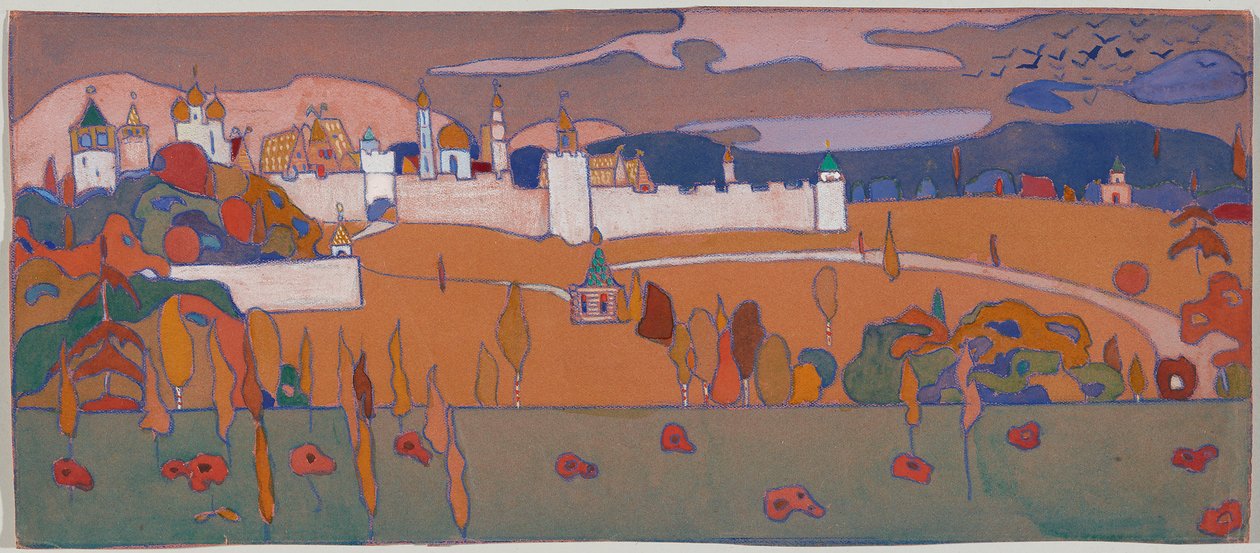 En befæstet by i et efterårslandskab af Wassily Kandinsky