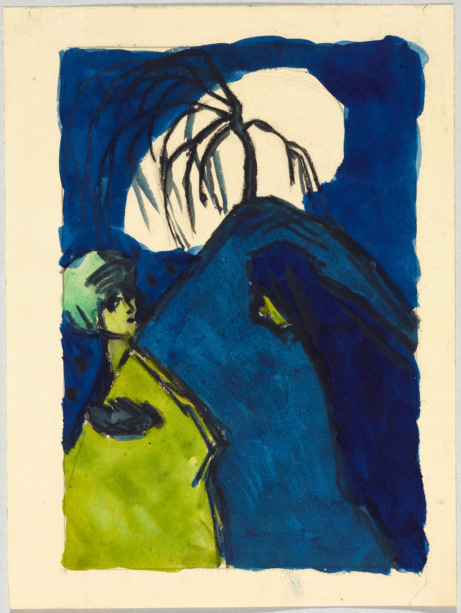 Zwei Gestalten vor Hügel mit Baum und weißer Wolke; Begegnung af Wassily Kandinsky